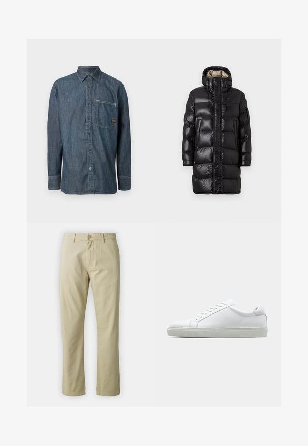 Svart pufferjacka med en glänsande yta, försedd med hög krage, framtill dragkedja och två sidofickor. Isolerad design med horisontell sömnad.; Jeans skjorta med långa ärmar och knäppning framtill, med spetsig krage och bröstficka som har en liten brun logotyp.; Beiga bomullsbyxor med rak benform, framknäppning och bälteshällor. Slät textur, inga synliga mönster eller detaljer.; Vit sneaker med en slät läderövre och låg profil. Har en rundad tå, sex snörhål och en strukturerad gummisula.