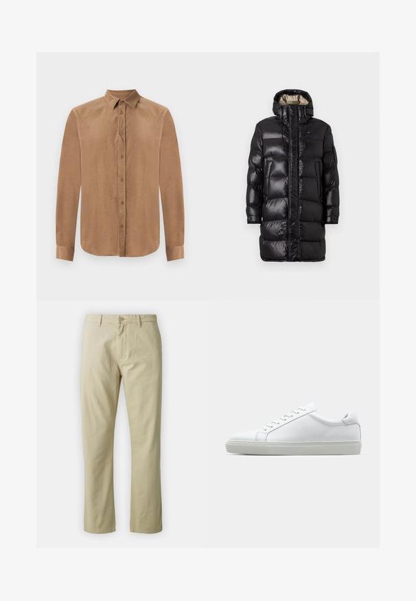 Abrigo tipo puff negro con un acabado brillante, que presenta un alto cuello, cierre frontal y dos bolsillos laterales. Diseño aislante con costuras horizontales.; Camisa de botones de manga larga en color marrón, confeccionada en un tejido suave, con un cuello clásico y cierre frontal de botones. Textura lisa con corte recto.; Pantalones de algodón beige con un diseño de pierna recta, cierre frontal con botón y presillas para cinturón. Textura suave, sin patrones ni acentos visibles.; Zapatilla blanca con parte superior de cuero liso y perfil bajo. Presenta una puntera redondeada, seis ojales y una suela de goma texturizada.