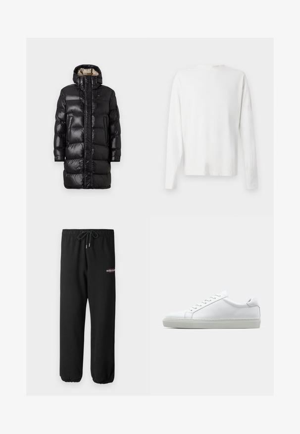 Black puffer coat with a glossy finish, featuring a high collar, front zipper, and two side pockets. Insulated design with horizontal stitching.; Long-sleeved white cotton shirt with a round neckline, side slits at the bottom, and a smooth texture, displayed from the back.; Black sweatpants made of soft fabric, featuring an elastic waistband with drawstring and elastic cuffs, with "GUESS JEANS" logo in white and red.; White sneaker with a smooth leather upper and a low profile. Features a rounded toe, six eyelets, and a textured rubber sole.