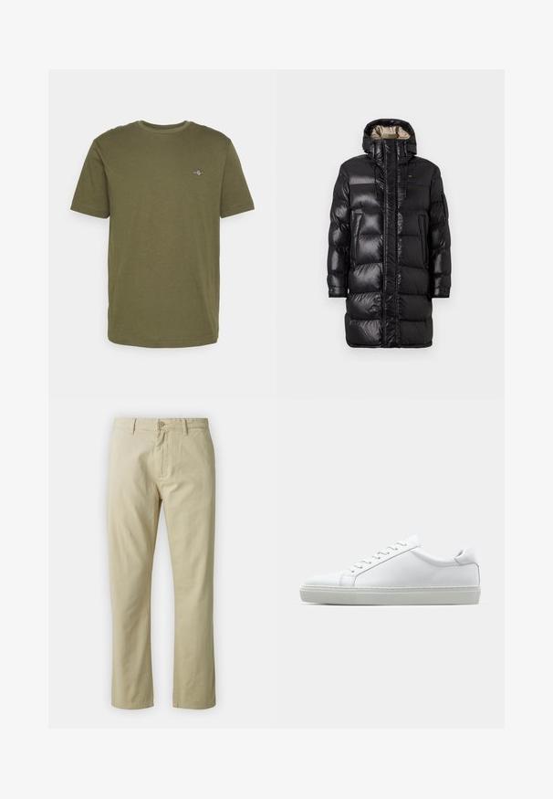 Musta puhallusvillapuku kiiltävällä pinnalla, jossa on korkea kaulus, etuvetoketju ja kaksi sivutaskua. Eristetty muotoilu vaakasaumoilla.; Oliivinvihreä puuvillapaita, jossa on lyhyet hihat, pyöreä pääntie ja pieni brodeerattu logo yksityiskohta rinnassa. Silkkinen pinta, rento muotoilu.; Beige puuvillahousut suoran lahkeen muotoilulla, etupainike sulkeminen ja vyölenkit. Sileä pinta, ei näkyviä kuvioita tai yksityiskohtia.; Valkoinen tennari, jossa on sileä nahkapäällinen ja matala profiili. Ominaisuuksiin kuuluu pyöreä kärki, kuusi rei'itystä ja teksturoitu kumipohja.