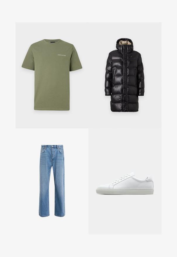 Fekete puffázott kabát fényes felülettel, magas gallérral, elöl cipzárral és két oldalsó zsebbel. Szigetelt kialakítás vízszintes varrásokkal.; Olíva zöld pamut póló rövidujjakkal és kerek nyakkivágással. Fehér logónyomtatással rendelkezik a bal melleknél. Simogatós textúra.; Világoskék farmernadrág, egyenes szárú fazonnal, öt zsebbel, gombos záródással, minimális kopással és kontrasztos varrással.; Fehér sportcipő sima bőr felső résszel és alacsony profilsal. Kerek orr, hat fűzőlyuk és barázdált gumitalp jellemzi.