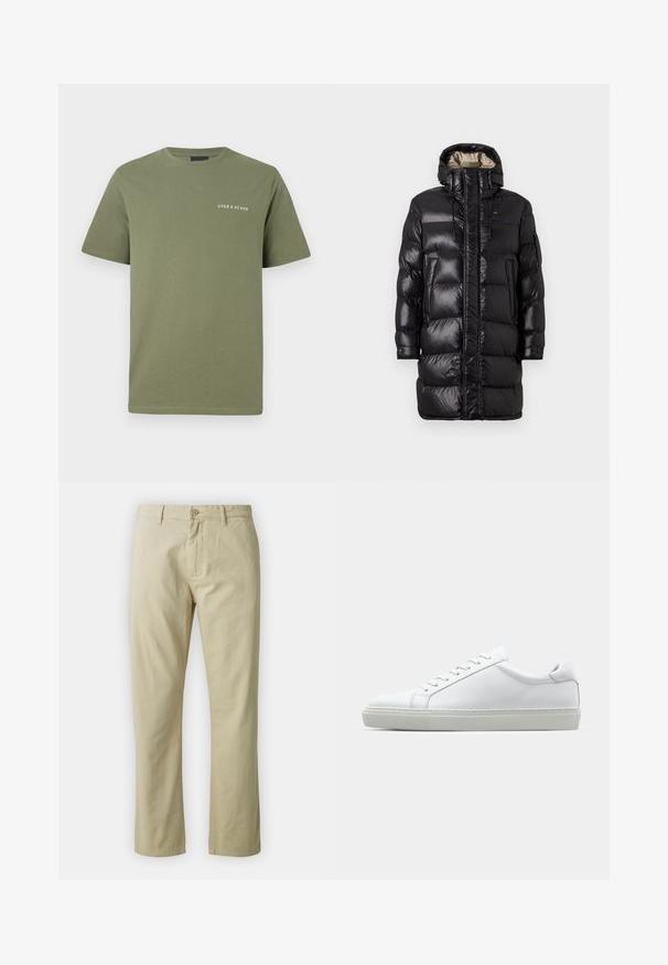 Čierna nadýchaná bunda s lesklým povrchom, s vysokým golierom, predným zipsom a dvoma bočnými vreckami. Izolovaný dizajn s horizontálnym švom.; Olivovo zelené bavlnené tričko s krátkymi rukávmi a okrúhlym výstrihom. Na ľavej strane hrudníka sa nachádza biele logo. Hladká textúra.; Béžové bavlnené nohavice so strihaťou rovného strihu, predným zapínaním na gombík a pútkami na opasok. Hladká textura, bez viditeľných vzorov alebo akcentov.; Biele tenisky s hladkým koženým zvrškom a nízkym profilom. Majú zaoblenú špičku, šesť očiek a štruktúrovanú gumovú podrážku.