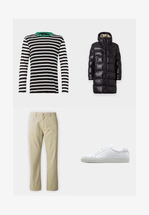 Czarna kurtka puchowa z błyszczącym wykończeniem, z wysokim kołnierzem, zamkiem błyskawicznym z przodu oraz dwiema bocznymi kieszeniami. Izolowana konstrukcja z poziomym przeszyciem.; Koszula z długim rękawem w czarno-białe paski z zielonym kołnierzykiem. Wykonana z miękkiego materiału, o luźnym kroju. Prosty, klasyczny design.; Beżowe bawełniane spodnie o prostym kroju, z zapięciem na guzik z przodu i paskiem. Gładka tekstura, bez widocznych wzorów czy akcentów.; Białe sneakersy z gładką skórzaną cholewką i niskim profilem. Posiadają okrągły nos, sześć dziurek na sznurówki oraz teksturowaną gumową podeszwę.