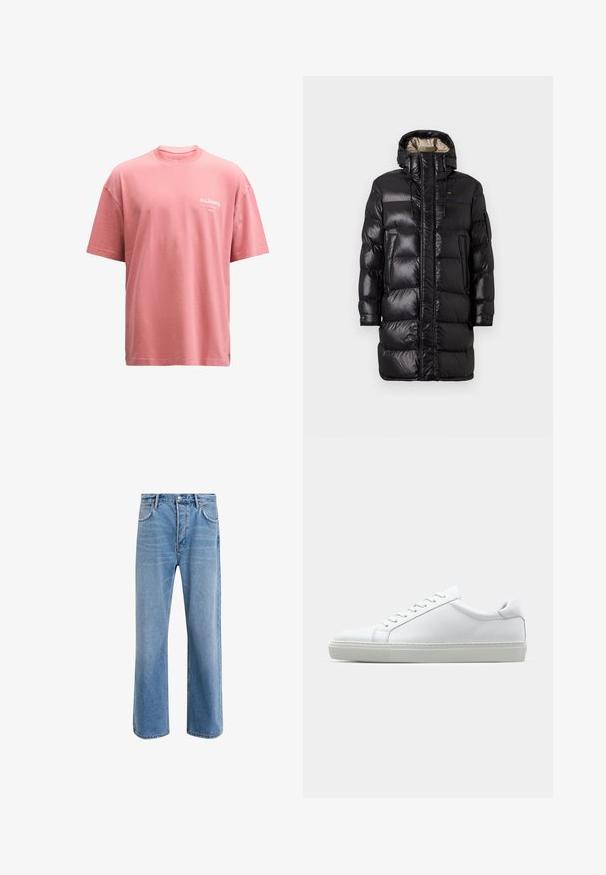 Abrigo tipo puff negro con un acabado brillante, que presenta un alto cuello, cierre frontal y dos bolsillos laterales. Diseño aislante con costuras horizontales.; Camiseta de algodón rosa claro, corte holgado, cuello redondo, manga corta, con el logo de texto blanco "ALLSAINTS" en el frente. Textura suave.; Jeans de mezclilla azul claro con un diseño de pierna recta, cinco bolsillos, cierre de botón, ligeramente desgastados y detalles de costura en contraste.; Zapatilla blanca con parte superior de cuero liso y perfil bajo. Presenta una puntera redondeada, seis ojales y una suela de goma texturizada.