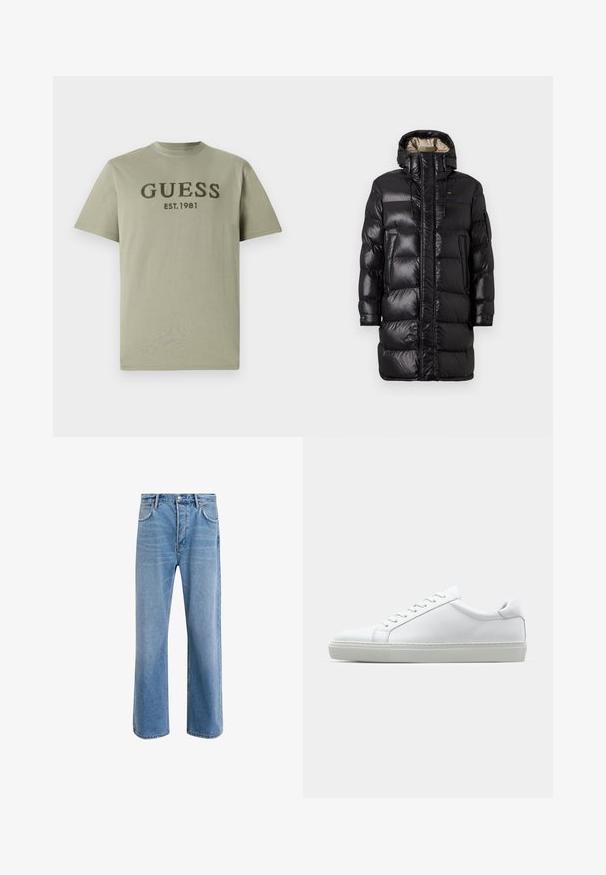 Melnā pūkainā jaka ar spīdīgu apdari, augstu apkakli, priekšējo rāvējslēdzēju un divām sānu kabatām. Izolēts dizains ar horizontālu šuvēm.; Olīvu zaļš kokvilnas t-krekls ar apaļu kakla izgriezumu un īsām piedurknēm, ar tumši zaļa krāsā izšūtu uzrakstu "GUESS EST. 1981" krūšu daļā.; Gai zilas džinsu bikses ar taisnām kājām, piecām kabatām, pogu aizvēršanu, minimālu izbalēšanu un kontrastējošiem šuvju elementiem.; Baltie sporta apavi ar gludu ādas virsu un zemu profilu. Iezīmējas ar noapaļotu purngalu, sešām acīm un teksturētu gumijas zoli.