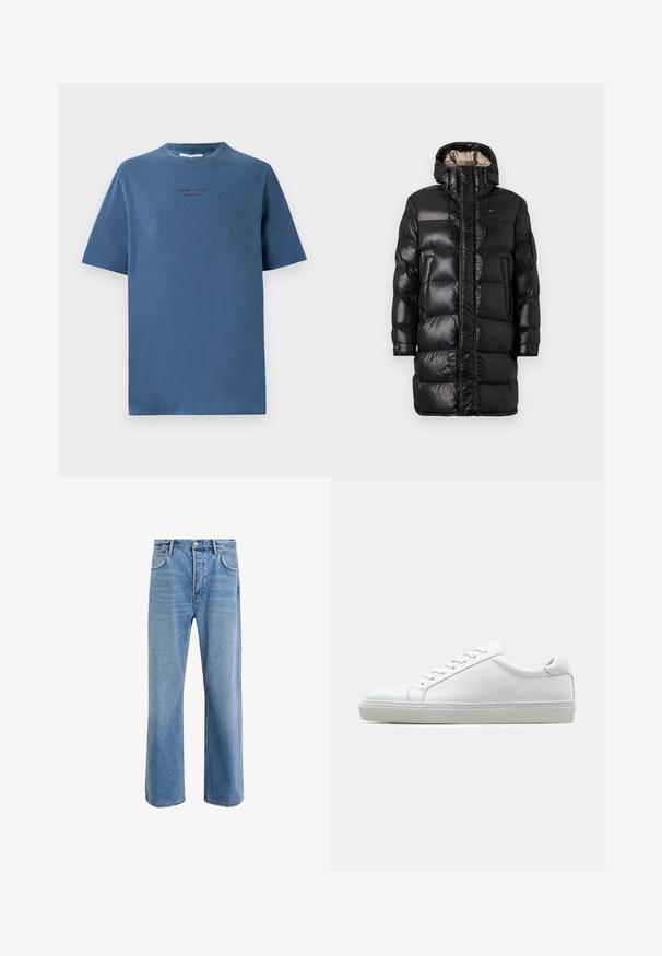 Must värvitud puffjakker läikiva viimistlusega, millel on kõrge krae, esine tõmblukk ja kaks külgtaskut. Isolatsiooniga disain horisontaalsete õmblustega.; Sinine puuvillane T-särk ümarate kaelustega, lühikeste varrukatega ja peene tekstidisainiga tumedamates toonides. Lihtne, vabalt langev lõige, ilma mustriteta.; Heledad sinine teksapüksid otse lõikega, viie taskuga, nupuga sulgemine, minimaalne kulumine ja kontrastsed õmbluse detailid.; Valge tennisetoss, millel on sile nahk pealis ja madal profiil. Omab ümarat ninaosa, kuut silmust ja tekstuuriga kummist talda.