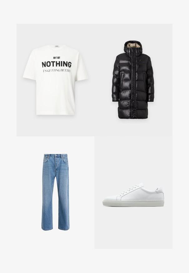 Sort puffjakke med en blank finish, der har en høj krave, frontlynlås og to sidelommer. Isoleret design med horisontale stikninger.; Hvid oversized t-shirt med sort tekst "HAR IKKE NOGET, DET BLIVER BEDRE" trykt på fronten, korte ærmer, rund halsudskæring.; Lyseblå denim jeans med lige ben-design, fem lommer, knaplukning, minimal falming og kontraststingdetaljer.; Hvide sneakers med en glat læderoverdel og lav profil. Har en rund tå, seks snørehuller og en tekstureret gummisål.