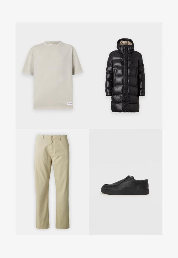 Sort puffjakke med en blank finish, der har en høj krave, frontlynlås og to sidelommer. Isoleret design med horisontale stikninger.; Lys beige kortærmet t-shirt lavet af blødt stof, med rund halsåbning og et lille mærke nederst til venstre.; Beige bomuldsbukser med lige ben-design, frontlukning med knap og bæltestropper. Glat tekstur, ingen synlige mønstre eller accenter.; Sorte læderslippersko med en rund tå, stikninger og sort gummisål. Glat tekstur med minimalistisk design.