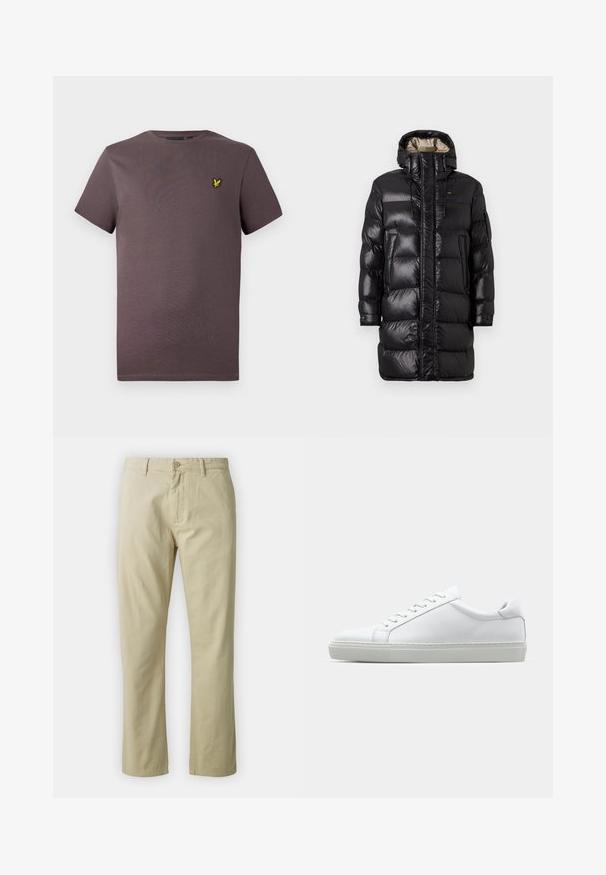 Sort puffjakke med en blank finish, der har en høj krave, frontlynlås og to sidelommer. Isoleret design med horisontale stikninger.; Simpel brun T-shirt med korte ærmer og lille gult fuglelogo på venstre bryst, vist mod en lys baggrund.; Beige bomuldsbukser med lige ben-design, frontlukning med knap og bæltestropper. Glat tekstur, ingen synlige mønstre eller accenter.; Hvide sneakers med en glat læderoverdel og lav profil. Har en rund tå, seks snørehuller og en tekstureret gummisål.