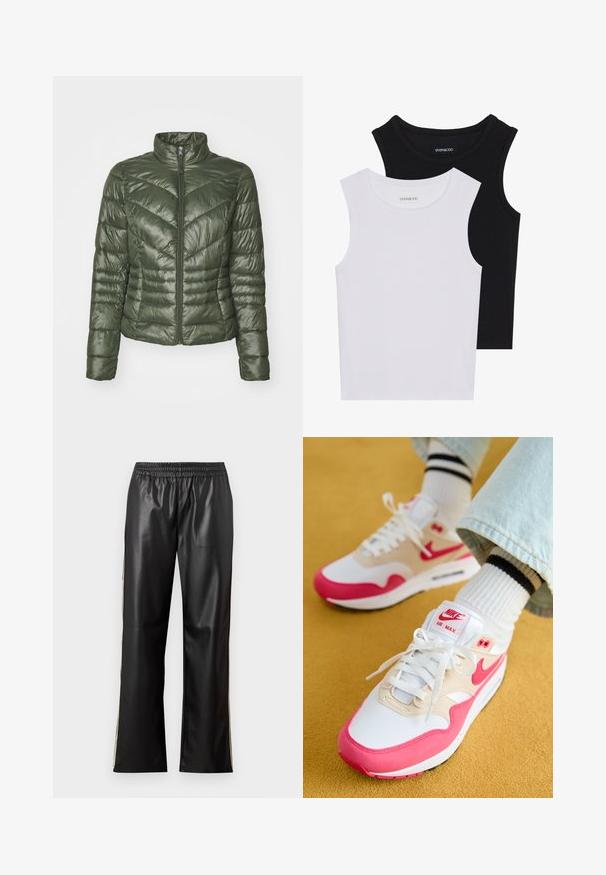 Padded jacket in dark green, featuring a high collar, front zipper, and chevron stitching pattern for texture and insulation.; Two sleeveless tops in black and white, made of ribbed cotton, featuring round necklines and a fitted design. Labels visible on both.; Black faux leather pants with an elastic waistband, straight leg design, and contrasting side stripes. Smooth texture and minimalist style.; White and pink Nike Air Max sneakers with a beige upper, featuring a textured finish, white laces, and a visible air sole.