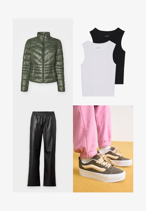 Tumedast roheline polsterdatud jakk, millel on kõrge käär, nööbid ees ja kitev nooline õmbluste muster tekstuuriks ja isoleerimiseks.; Kaks lühikeste varrukateta toppi mustas ja valges, valmistatud ribakudumist, ümarate kaelustega ja sobiva disainiga. Mõlemal on nähtavad sildid.; Mustast kunstnahast püksid elastse vöökoha, sirge jala disaini ja kontrastsete külgtriipudega. Sile tekstuur ja minimalistlik stiil.; Oliivroheline nubukist ülemine osa, kreemjad aktsendid ja paks valge taldaga sneakers. Koos roosa äärtöödeldud dressipüksiga, seismas kollasel pinnal.