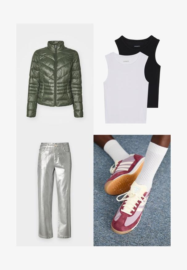 Zateplená bunda v tmavě zelené barvě, s vysokým límcem, předním zipem a vzorem šikmých pruhů pro texturu a izolaci.; Dvě bezramínková trička v černé a bílé barvě, vyrobená z žebrované bavlny, s kulatými výstřihy a přiléhavým střihem. Obojí má viditelné štítky.; Stříbrné metalické džíny se rovnými nohavicemi, pěticí kapsami, zipem a knoflíkovým zapínáním. Hladká textura s lesklým povrchem.; Tenisky s designem v tmavě vínové semišové barvě a světle fialovém odstínu, se třemi bílými pruhy, krémovými tkaničkami a texturovaným žlutým jazykem. Gumová podrážka.