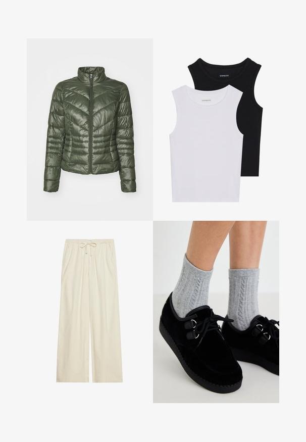 Puchowa kurtka w ciemnozielonym kolorze, z wysokim kołnierzem, zamek błyskawiczny z przodu oraz wzorem w romby, który zapewnia teksturę i izolację.; Dwie bezrękawniki w kolorze czarnym i białym, wykonane z prążkowanej bawełny, z okrągłymi dekoltami i dopasowanym fasonem. Widoczne etykiety na obu.; Jasne, kremowe spodnie typu wide-leg z elastycznym paskiem w talii i sznurkiem, posiadające boczne kieszenie oraz teksturowany materiał.; Czarne welwetowe buty z płaską podeszwą, okrągłym czubkiem i podwójnymi oczkami. Noszone z szarymi skarpetami w warkocze. Gładka tekstura i prosty design.