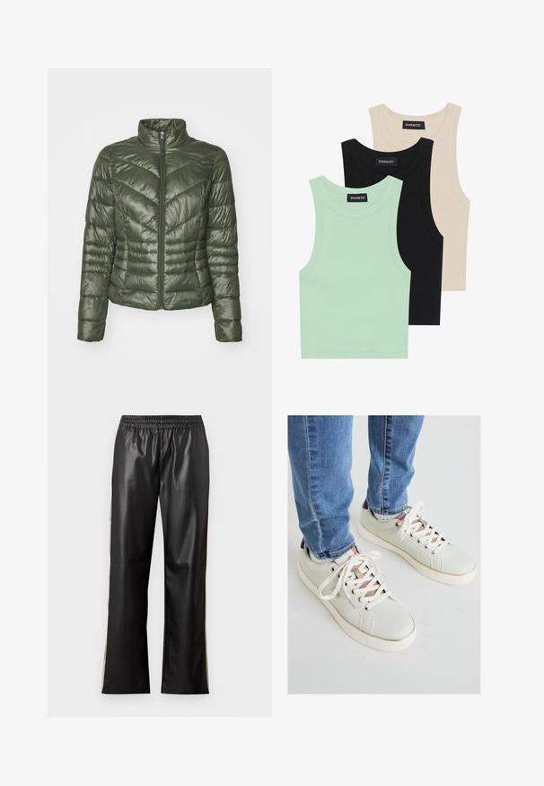 Polstret jakke i mørkegrønn, med høy krage, frontglidelås og chevron-sømdesign for tekstur og isolasjon.; Tre tank topper i mintgrønn, svart og beige; laget av ribbestrikket stoff med rund hals og uten ermer. Merket synlig.; Sorte faux skinnbukser med elastisk midje, rett ben-design, og kontrasterende sidestroker. Glatt tekstur og minimalistisk stil.; Lys grønne lærersneakers med hvite snøring, roségull detaljer og en teksturert overflate. Hvit gummisåle og brun hældetalj.