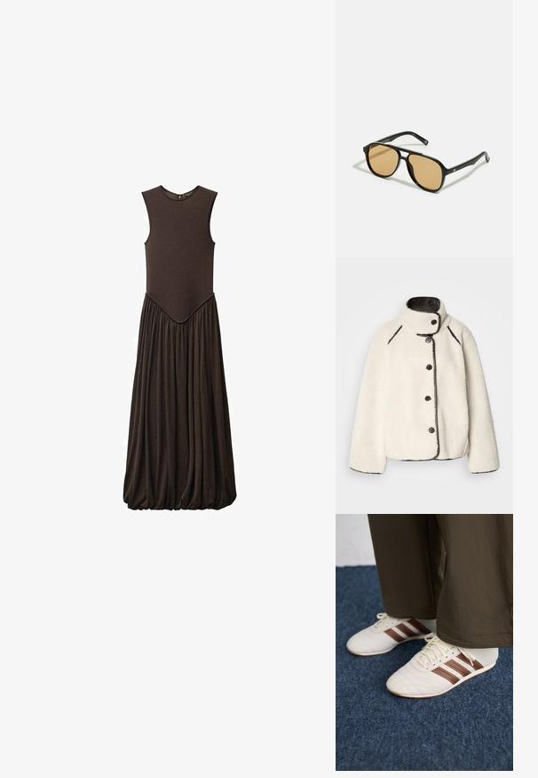 Kremowa polarowa kurtka z wysokim kołnierzem, czarnymi wykończeniami i pięcioma czarnymi guzikami z przodu. Charakteryzuje się luźnym krojem i miękką fakturą.; Beżowa sukienka bez rękawów z dopasowaną górą i obszerna, marszczona spódnicą. Wykonana z miękkiego materiału o gładkiej fakturze i okrągłym dekolcie.; Białe trampki z brązowymi paskami noszone z brązowymi spodniami na niebieskim wykładzinie.; Czarne okulary przeciwsłoneczne z brązowymi szkłami; prostokątny kształt z grubą oprawą, z delikatnymi akcentami na zausznikach.; Czarna torebka z faux skórki o unikalnym kształcie półksiężyca, szerokim, wyściełanym uchwycie i zamykaniu na zamek. Gładka, błyszcząca tekstura, minimalistyczny design.