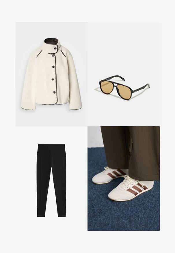 Cremefarvet fleecejakke med høj krave, sort kant og fem sorte knapper foran. Have en afslappet pasform og blød tekstur.; Sort oversized turtle-neck sweater lavet af blødt strikmateriale, med en ribkantet krave og manchetter, afslappet pasform og uden pynt.; Sorte leggings lavet af et strækbart stof. Har en bred, ribbet talje og en tætsiddende silhuet, der snævrer ind ved anklerne.; Hvide sneakers med brune striber, iført brune bukser på et blåt tæppe.; Sorte solbriller med brune tonede linser; rektangulær form med en tyk ramme, herunder diskrete hardwaredetaljer på stængerne.; Sort faux læder håndtaske med en unik halvmåneform, et bredt, polstret håndtag og en lynlåslukning. Glat, blank tekstur og minimalistisk design.