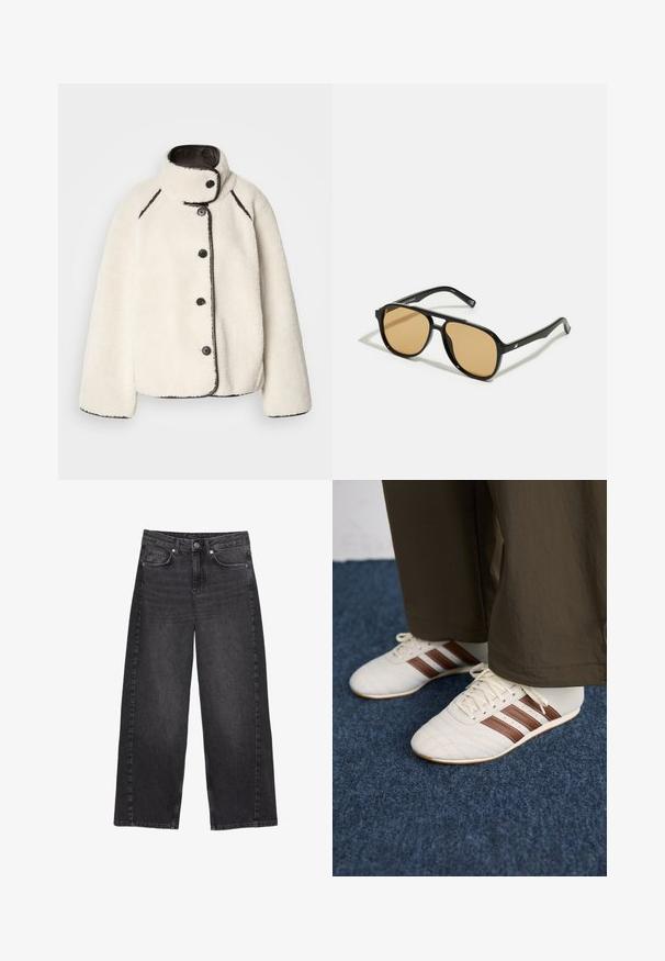 Valkoinen fleece-takki, jossa on korkea kaulus, mustat reunat ja viisi mustaa nappia edessä. Takki on väljästi istuva ja pehmeä tekstiili.; Musta ylipitkä turtleneck-neulepaita, joka on valmistettu pehmeästä neuloksesta. Paidassa on ribattu kaulus ja hihansuut, rento istuvuus sekä ei mitään koristeita.; Korkea vyötärö, leveälahkeiset mustat farkut, joissa on haalistunut pinta. Varusteena etunappikiinnitys ja viisi taskua, näkyvillä ompeluseikoilla.; Valkoiset tennarit ruskeilla raidoilla, jotka on yhdistetty ruskeisiin housuihin sinisellä matolla.; Mustat aurinkolasit ruskeilla sävyillä; suorakaiteen muotoiset, joissa on paksu kehys ja hienovaraiset metallikoristeet varsissa.; Musta keinonahkainen käsilaukku, jossa on ainutlaatuinen puolikuun muoto, leveä, pehmustettu kahva ja vetoketjusuljenta. Sileä, kiiltävä pinta, minimalistinen muotoilu.