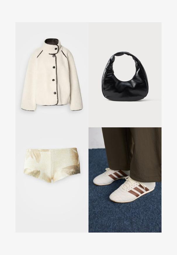 Cremefarvet fleecejakke med høj krave, sort kant og fem sorte knapper foran. Have en afslappet pasform og blød tekstur.; Sort oversized turtle-neck sweater lavet af blødt strikmateriale, med en ribkantet krave og manchetter, afslappet pasform og uden pynt.; Strikkede shorts i lys beige med et blomstermønster. Har en tekstureret overflade og en bølget kant. Blødt og let stof.; Hvide sneakers med brune striber, iført brune bukser på et blåt tæppe.; Sort faux læder håndtaske med en unik halvmåneform, et bredt, polstret håndtag og en lynlåslukning. Glat, blank tekstur og minimalistisk design.