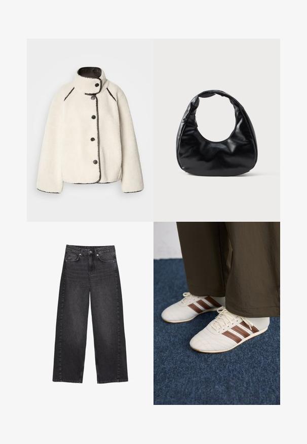 Krem boje flis jakna s visokim ovratnikom, crnim detaljima i pet crnih dugmadi sprijeda. Ima ležeran kroj i mekanu teksturu.; Crni pleteni džemper s visokim rebrastim rolkom i spuštenim ramenima. Ima opušteni, kutijasti kroj te rebraste manžete i rub.; Crne traperice visokog struka, širokih nogavica s izbjeljenim završetkom. Imaju prednje kopčanje na dugme i pet džepova, s vidljivim šavovima.; Bijele tenisice s smeškim prugama nosene s smešnim hlačama na plavom tepihu.; Crna lažna kožna torba za ruke jedinstvenog polumjesečastog oblika, s širokim, podstavljenim ručkom i zatvaranjem na zip. Glatka, sjajna tekstura, minimalistički dizajn.