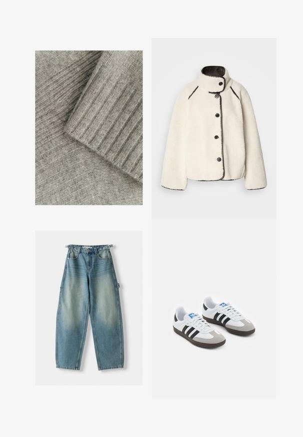 Krem boje flis jakna s visokim ovratnikom, crnim detaljima i pet crnih dugmadi sprijeda. Ima ležeran kroj i mekanu teksturu.; Meki sivi pletivi materijal s rebrastom teksturom, s višeslojnim dijelovima, jedan gladak i jedan s dijagonalnim uzorkom.; Traperice svijetloplave boje visokog struka s širokim krojem. Karakteristike uključuju zatvaranje na dugme, petlje za remen i bočne džepove.; Sportske cipele s gornjištem od bijele kože, sivi suedinasti nos i tri crne pruge. Imaju plavi logo na jeziku i teksturiranu gumenu podlogu.