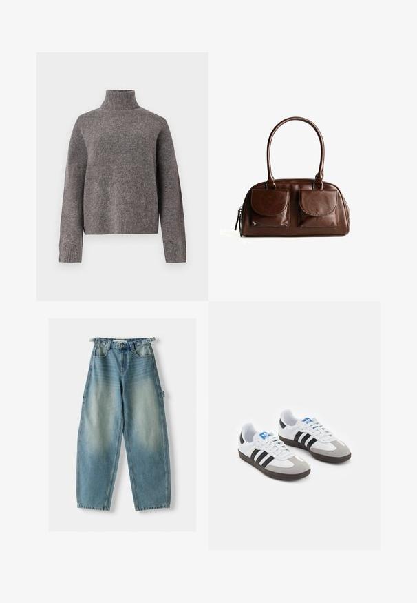 Valkoinen fleece-takki, jossa on korkea kaulus, mustat reunat ja viisi mustaa nappia edessä. Takki on väljästi istuva ja pehmeä tekstiili.; Harmaa poolapaita, joka on valmistettu pehmeästä neulemateriaalista, pitkillä hihoilla ja rentouttavalla istuvuudella, jossa on ribbitekstuuri hihoissa ja helmassa.; Korkeavyötäröiset, vaaleansiniset farkut, joissa on löysä istuvuus. Ominaisuuksiin kuuluvat napp Closure, vyölenkit ja sivutaskut.; Urheilukengät, joissa on valkoinen nahkainen päällinen, harmaa mokkanokka ja kolme mustaa raitaa. Ominaisuuksina sininen logo kielekkeessä ja kuvioitu kumipohja.; Ruskea nahkalaukku, jossa on kaksi etutaskua kannella, pyöreät kahvat ja sivussa vetoketju valkoista taustaa vasten.