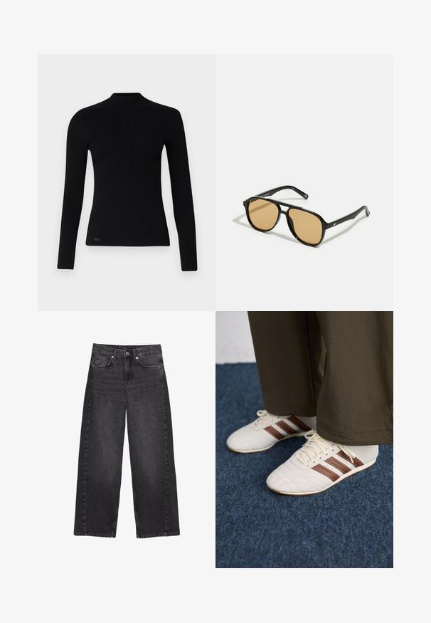 Krém színű bolyhos dzseki magas gallérral, fekete díszítéssel és öt fekete gombbal elöl. Lazább fazonú és puha tapintású.; Fekete, hosszú ujjú, bordázott pulóver magas nyakkal, testhez simuló fazonnal és textured anyaggal. Kicsi logó az alján, bal oldalon.; Magas derekú, bő szárú fekete farmernadrág, elhalványult festéssel. Elöl gombos záródás és öt zseb található, látható varrási részletekkel.; Fehér tornacipők barna csíkokkal, barna nadrággal viselve, kék szőnyegpadlón.; Fekete napszemüveg barna árnyalatú lencsékkel; téglalap alakú, vastag kerettel, a szárakon diszkrét fém részletekkel.