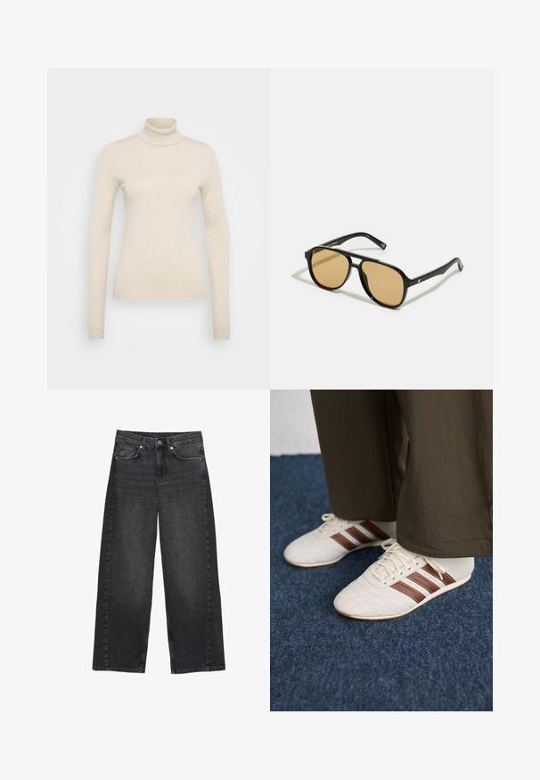 Krém színű bolyhos dzseki magas gallérral, fekete díszítéssel és öt fekete gombbal elöl. Lazább fazonú és puha tapintású.; Vero Moda Tall VMHAPPINESS ROLLNECK - Pulóver - oatmeal; Magas derekú, bő szárú fekete farmernadrág, elhalványult festéssel. Elöl gombos záródás és öt zseb található, látható varrási részletekkel.; Fehér tornacipők barna csíkokkal, barna nadrággal viselve, kék szőnyegpadlón.; Fekete napszemüveg barna árnyalatú lencsékkel; téglalap alakú, vastag kerettel, a szárakon diszkrét fém részletekkel.; Fekete műbőr kézitáska egyedi félhold alakban, széles, párnázott fogantyúval és cipzáras zárással. Sima, fényes felület, minimalista dizájn.