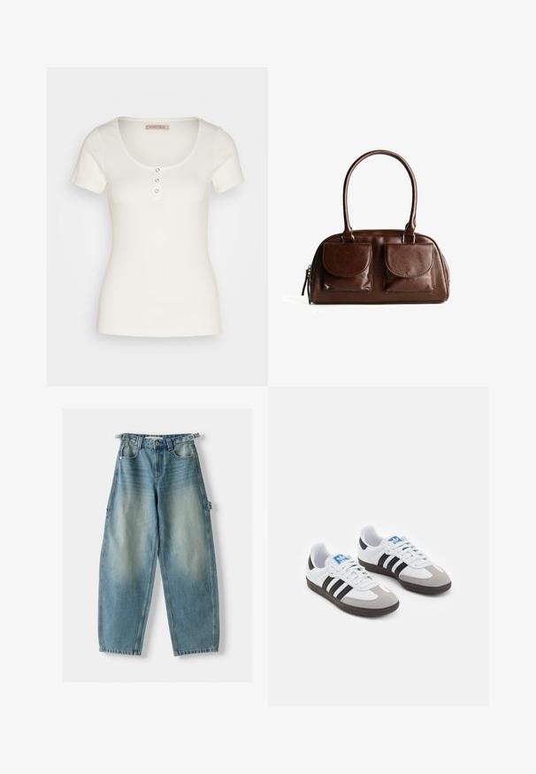 Cremefarvet fleecejakke med høj krave, sort kant og fem sorte knapper foran. Have en afslappet pasform og blød tekstur.; Hvid ribbet kortærmet top med en rund halsudskæring, der har tre dekorative knapper foran. Glat tekstur, figursyet design.; Højtaljede, lyseblå denim jeans med løs pasform. Funktioner inkluderer knaplukning, bæltestropper og sidelommer.; Sportsko med en overdel i hvid læder, grå ruskind på tåen og tre sorte striber. Har et blåt logo på tungen og en struktureret gummisål.; Brun læderhåndtaske med to frontklaplommer, runde håndtag og en lynlås på siden mod en hvid baggrund.