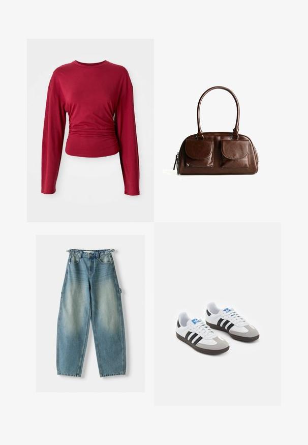 Crème-kleurige fleece jas met een hoge kraag, zwarte accenten en vijf zwarte knopen aan de voorkant. Kenmerkt zich door een relaxte pasvorm en een zachte textuur.; Bordeaux langemouwen top met een ronde hals, passend bij de taille, gemaakt van een zachte stof met een lichte draping aan de zijkanten.; Hoge taille, lichtblauwe denim jeans met een losse pasvorm. Kenmerken zijn onder andere een knoopsluiting, riemlussen en zijzakken.; Sportschoenen met een witte leren bovenkant, grijze suède neus en drie zwarte strepen. Bevat een blauw logo op de tong en een gestructureerde rubberen zool.; Bruine leren handtas met twee voorflapzakken, ronde handvatten en een rits aan de zijkant tegen een witte achtergrond.