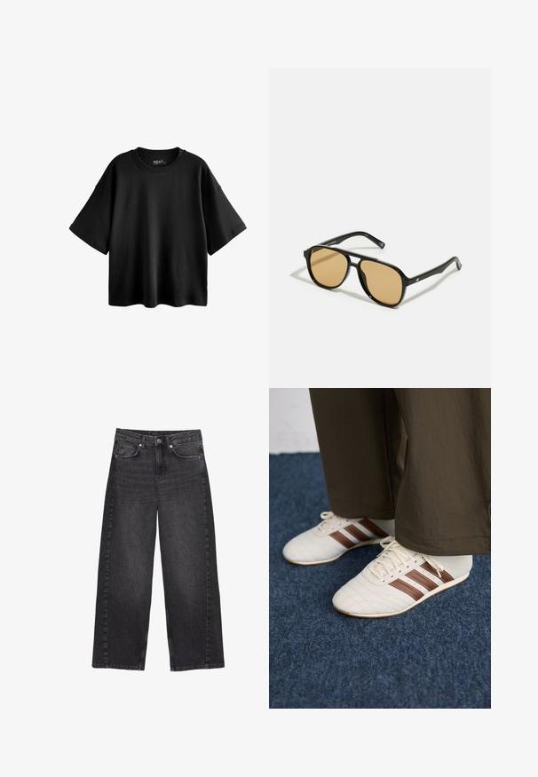Giacca in pile color crema con colletto alto, rifiniture nere e cinque bottoni neri sulla parte anteriore. Presenta una vestibilità comoda e una texture morbida.; T-shirt nero oversize a maniche corte realizzato in cotone, con colletto rotondo e una vestibilità relax. Tessuto morbido con cuciture minime.; Jeans in denim nero a vita alta e gamba larga con una finitura sbiadita. Presentano una chiusura con bottone frontale e cinque tasche, con dettagli di cucitura visibili.; Sneakers bianchi con strisce marroni indossati con pantaloni marroni su un pavimento in moquette blu.; Occhiali da sole neri con lenti a sfumatura marrone; forma rettangolare con una montatura spessa, inclusi sottili dettagli metallici sulle astine.; Borsa a tracolla nera in ecopelle con una forma a mezzaluna unica, manico largo e imbottito, e chiusura con zip. Texture liscia e lucida, design minimalista.