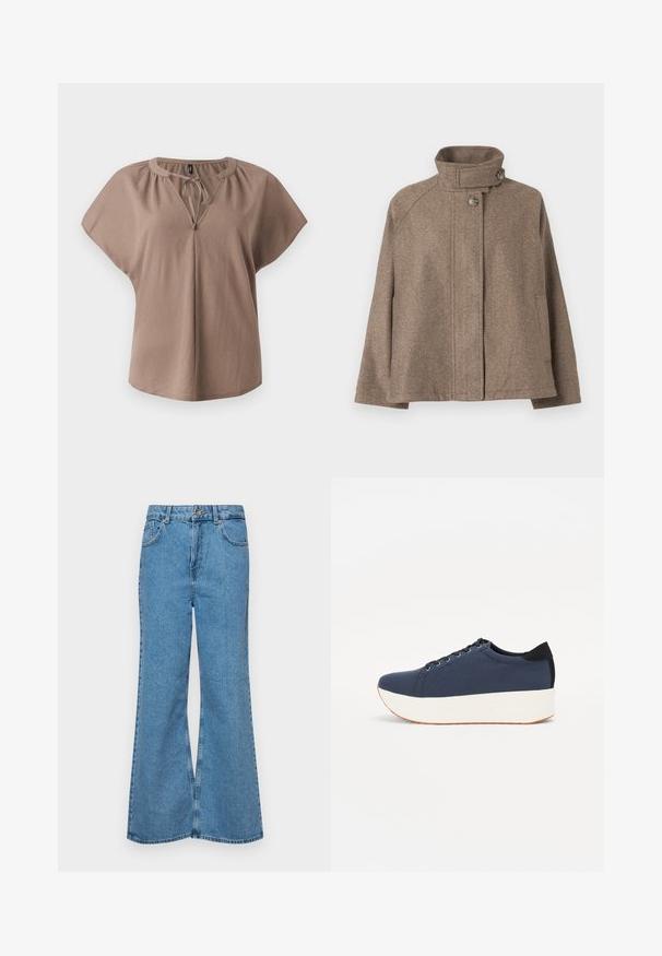 Bruine wollen jas met hoge kragen, knoopsluiting, lange mouwen en zijzakken, weergegeven op een effen achtergrond.; Bruine blouse met korte mouwen, een V-hals, strikdetail en een relaxte pasvorm. Gemaakt van zachte stof met een gladde textuur en zonder patronen.; Lichtblauwe flared jeans van denim, met een hoge taille, vijf zakken en een enkele knoopsluiting. Zachte textuur met een vervaagde afwerking.; Marineblauwe sneaker met een textuurstof bovenwerk, witte platformzool, ronde neus en zwart hakaccent. Voorzien van zes gaatjes voor veters.