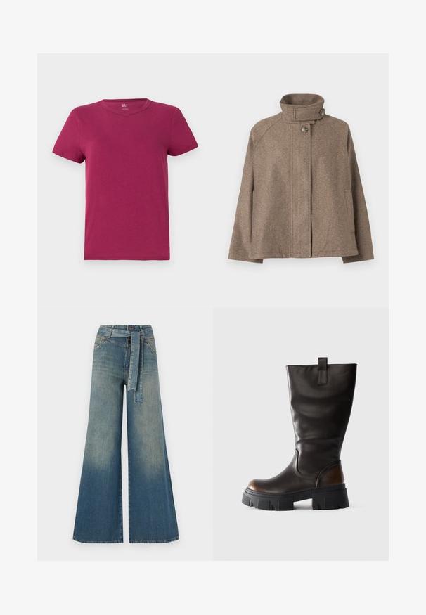 Ruskea villatakki korkealla kauluksella, nappisuljenta, pitkät hihat ja sivutaskut, esillä yksinkertaisella taustalla.; Lyhythihainen t-paita syvässä magentassa, puuvillasta valmistettu, pyöreä kaula-aukko, normaali istuvuus, jossa on siisti, minimalistinen muotoilu ilman näkyviä kuvioita tai yksityiskohtia.; Yksiväriset farkut leveällä lahkeella, joissa on vaaleasta tummansiniseen häipyvä väri, korkea vyötärö, vyölenkit ja yhteensopiva kangasvyö. Rakennefarkkujen pinta.; Pitkä musta nahkasaapas, jossa on paksu musta pohja ja ruskea yksityiskohta kannassa, sivunäkemys vaaleanharmaalla taustalla.