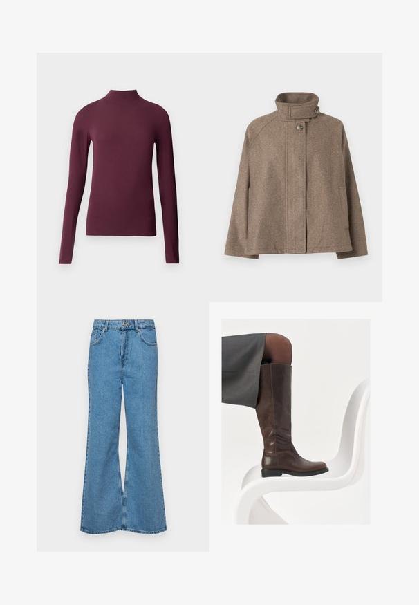 Barna gyapjúdzseki magas gallérral, gombbezárással, hosszú ujjakkal és oldalsó zsebekkel, egy sima háttér előtt kiállítva.; Burgundy színű, hosszú ujjú garbó, sima, rugalmas anyagból. Testhez simuló fazon, magas nyakkal és láthatatlan varrásokkal.; Világoskék, trapézszárú farmernadrág, magas derékkal, öt zsebbel és egy gombos záródással. Puha tapintású, magasított effektusú anyag.; Barna bőr térdig érő csizma, lekerekített orral, sima felülettel és minimális varrási részletekkel, világos háttér előtt, egy fehér széken.
