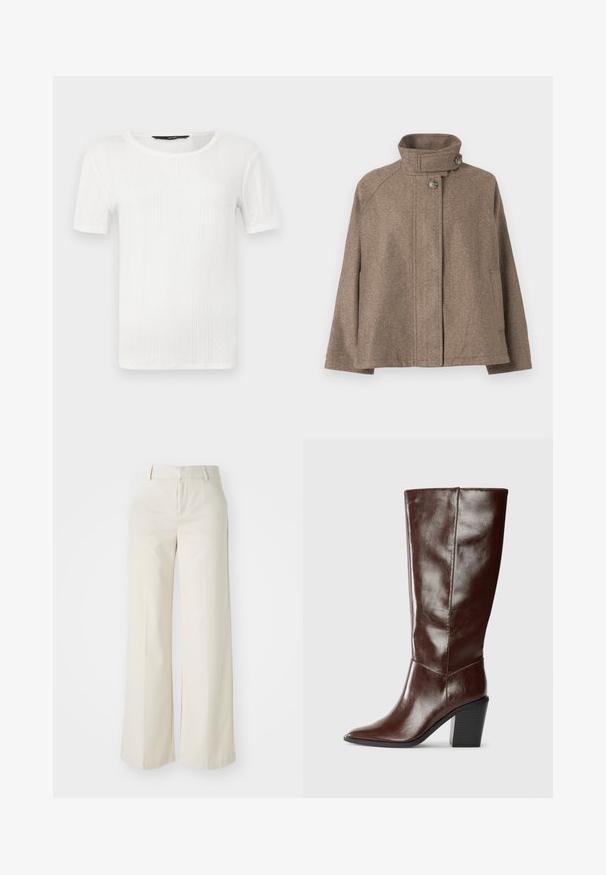 Brūns vilnas žakets ar augstu apkakli, pogu aizdari, garām piedurknēm un sānu kabatām, izstādīts uz vienkārša fona.; Balts īsām piedurknēm krekliņš, izgatavots no teksturēta auduma, ar vertikālu ribošanu un apļa formas dekoltē. Vienkāršs dizains bez rotājumiem.; Platas kājās bikses gaisā bežā krāsā, izgatavotas no gludas auduma. Iezīmē klasisku jostasvietu un plakanu priekšpusi ar tīrām līnijām.; Augsta, tumši brūna ādas zābaks ar izstieptu pirkstu un sakrautu bloku papēdi, attēlota no sāna uz vienkārša fona.