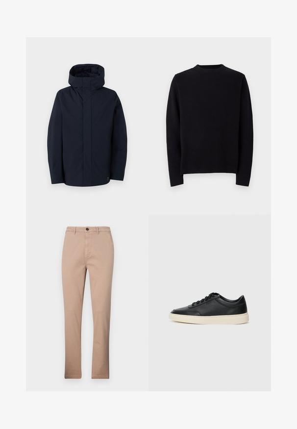 Samsøe Samsøe JOHN JACKET - Ūdensnecaurlaidīga jaka - salute; Melnā adīta džemperis ar garām piedurknēm, apaļu riboto apkakli un taisnu piegriezumu. Gluda tekstūra bez redzamām rakstu vai akcentu detaļām.; Bežīgas chinos bikses, kas izgatavotas no kokvilnas maisījuma, ar taisnu kāju dizainu, priekšējiem kabatām un vienu pogu aizdari. Gluda tekstūra.; Melnas zemas ādas sporta kurpes ar melnām auklām un off-white zoli, rādītas no sānu profila uz baltā fona.