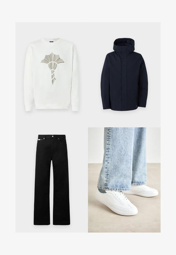 Samsøe Samsøe JOHN JACKET - Jachetă impermeabilă - salute; Hanorac alb cu un design texturat, din scoică metalizată aurie și argintie în centru; dispune de un decolteu rotund și manșete ribbate.; Pantaloni din denim negri cu un design cu picioare largi, având cinci buzunare și accesorii metalice pentru butoane. Textură netedă, fără modele vizibile.; Adidași albi din material neted, cu un design cu șireturi, talpă din cauciuc texturat și un accent verde la călcâi, asortați cu blugi bleu deschis.