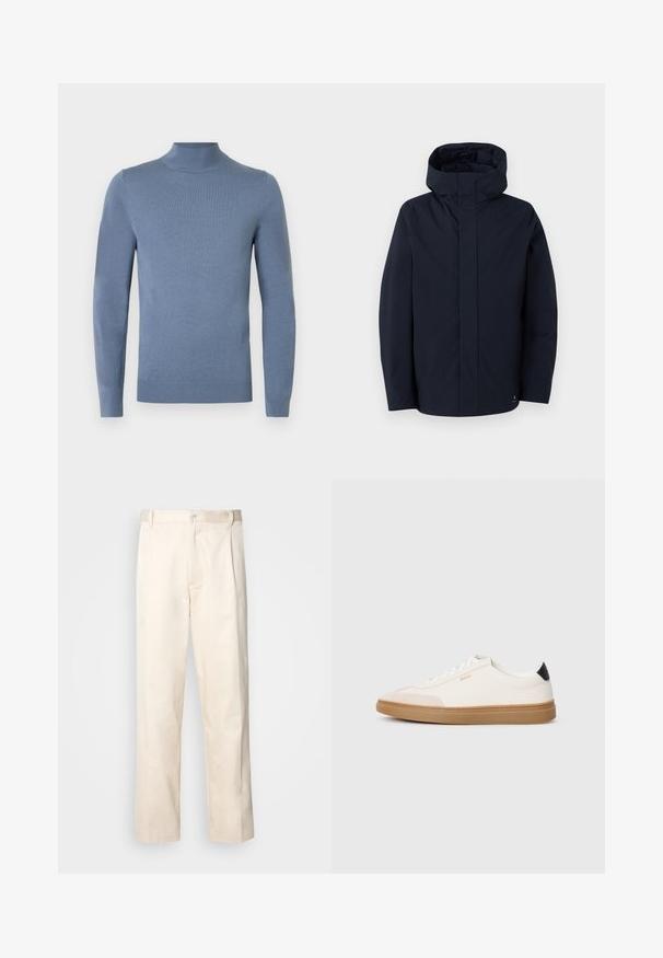 Samsøe Samsøe JOHN JACKET - Regnjacka - salute; Ljusblå polotröja i stickat tyg med långa ärmar, ribbad krage och fåll. Enkel design utan synliga mönster.; Beiga bomullbyxor med rak benform, utrustade med knappstängning och veck framtill för extra detalj.; Vita sneakers med beige accenter, ovandel i slätt läder, rund tå och gummisula i naturgummi, med en svart hälklack och subtil branding.