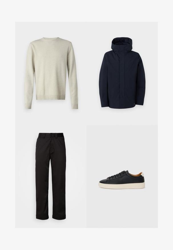 Samsøe Samsøe JOHN JACKET - Veste imperméable - salute; Pull léger beige, col rond, en tissu doux et texturé. Doté de poignets et d'une ourlet côtelés, avec un design simple et minimaliste.; Pantalons noirs en tissu lisse, avec une fermeture éclair, un bouton et des revers pour un design décontracté.; Baskets en cuir noir avec une texture lisse, semelle en caoutchouc beige, design à lacets et accent de talon contrasté.