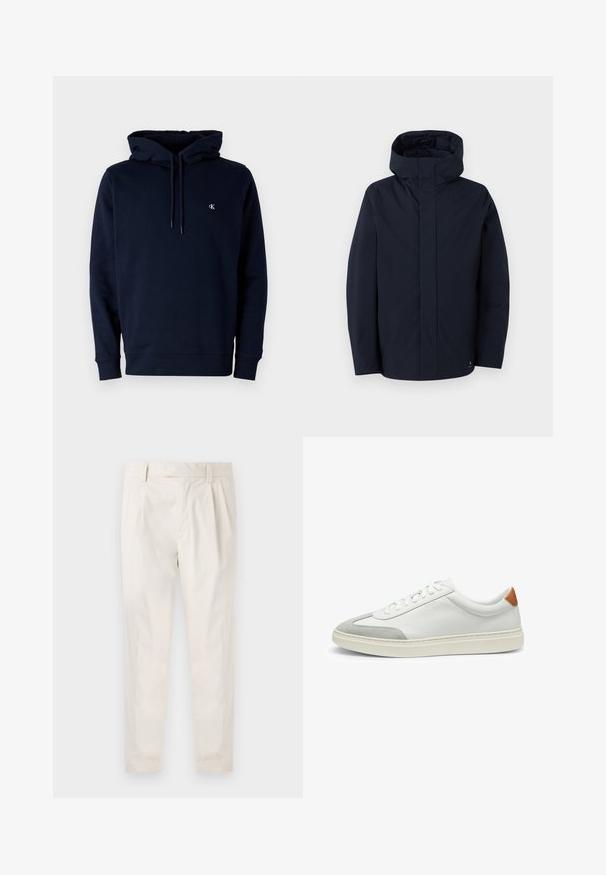 Samsøe Samsøe JOHN JACKET - Impermeabile - salute; Calvin Klein Jeans BADGE HOODIE - Felpa - night sky; Pantaloni bianchi plissettati con taglio su misura, caratterizzati da una texture liscia, passanti per la cintura e gambe affusolate. Nessuna tasca o motivo visibile.; Sneakers bianchi in pelle con accenti in suede grigio e un tallone in pelle beige. Presentano una superficie testurizzata e una suola leggera.