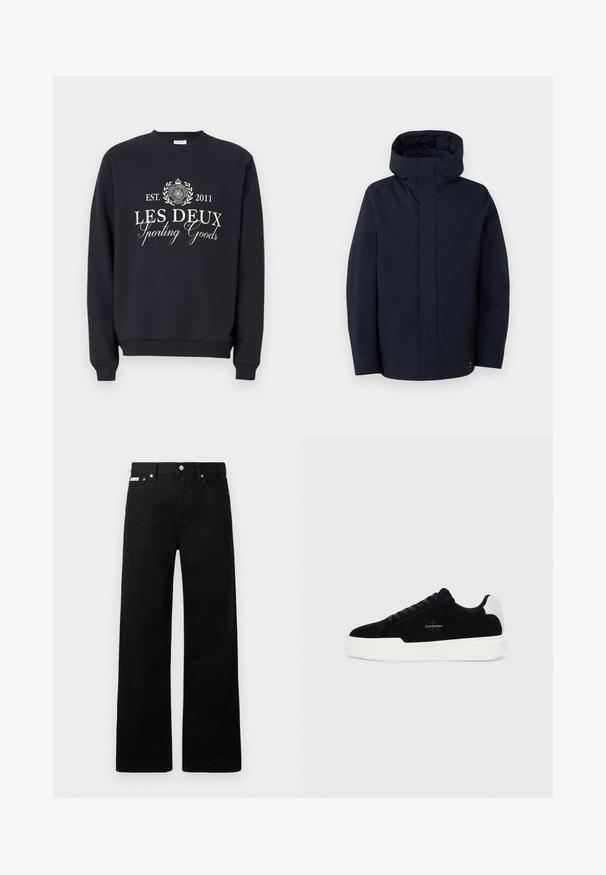 Samsøe Samsøe JOHN JACKET - Veste imperméable - salute; Sweatshirt bleu marine en mélange de coton, doté d'un col ras du cou, de manches longues et d'un graphique à l'avant avec "Les Deux Sporting Goods" en crème.; Pantalon en denim noir avec une coupe large, doté de cinq poches et de boutonnières métalliques. Texture lisse, sans motifs visibles.; Baskets basses noires avec semelle et talon blanc, lacets à l'avant et logo Calvin Klein sur le côté.