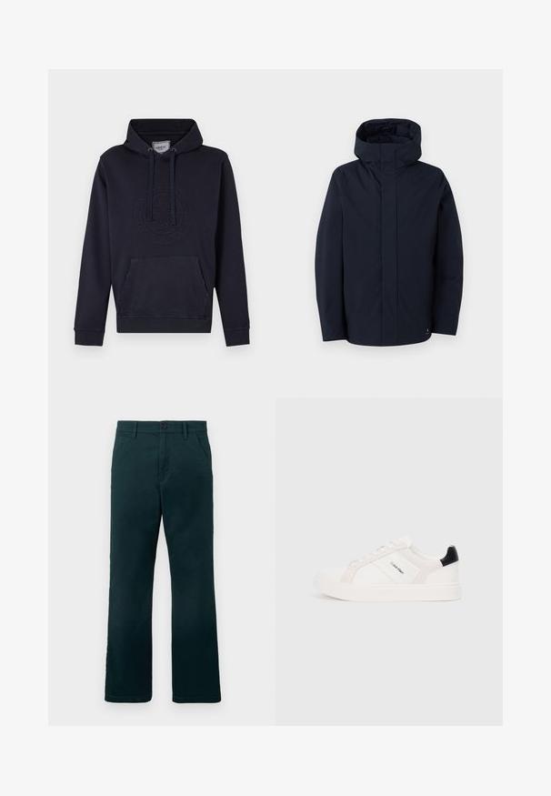 Samsøe Samsøe JOHN JACKET - Vízálló dzseki - salute; Sötétkék kapucnis pulóver, elülső kenguruzsebbel, zsinóros kapucnival és dombornyomott logó részlettel a mellkason. Puha pamut keverék anyagból készült.; Sötétzöld, egyenes szabású nadrág övhurkokkal, oldalsó zsebekkel és gombos záródással, sima fehér háttér előtt.; Fehér sportcipők világos rózsaszín és fekete részletekkel, sima bőrből és velúrból készült panelek, kerek orr és lapos gumitalp.