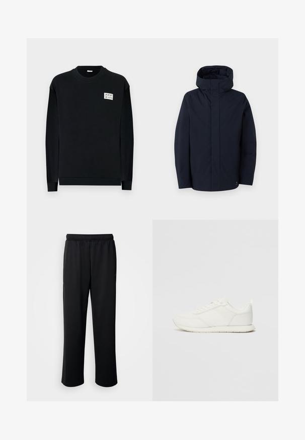 Samsøe Samsøe JOHN JACKET - Vodotesná bunda - salute; Čierna mikina vyrobená z mäkkého materiálu, s okrúhlym výstrihom a dlhými rukávmi. Dekoratívne logo na prednej ľavej strane hrudníka.; Čierne športové nohavice vyrobené z mäkkého, priedušného materiálu. Majú elastický pás a rovné nohy bez výrazných akcentov alebo vzorov.; Biele tenisky s sieťovaným a syntetickým zvrškom, okrúly špička, ploché šnúrky a štruktúrovaný pruh na boku. Gumová podrážka s pútkom na zadnej strane.