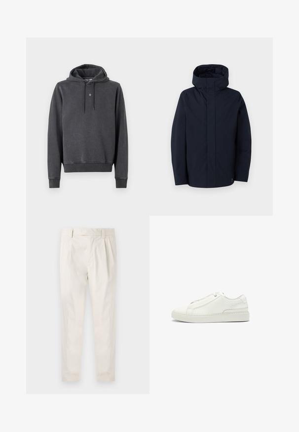 Samsøe Samsøe JOHN JACKET - Impermeabile - salute; Felpa con cappuccio grigia scura, realizzata in morbido misto cotone. Presenta una tasca a marsupio, polsini a costine e un piccolo logo sul petto.; Pantaloni bianchi plissettati con taglio su misura, caratterizzati da una texture liscia, passanti per la cintura e gambe affusolate. Nessuna tasca o motivo visibile.; Sneaker bianca in pelle con tomaia testurizzata, punta tonda, design minimalista e suola in gomma con dettagli cuciti.