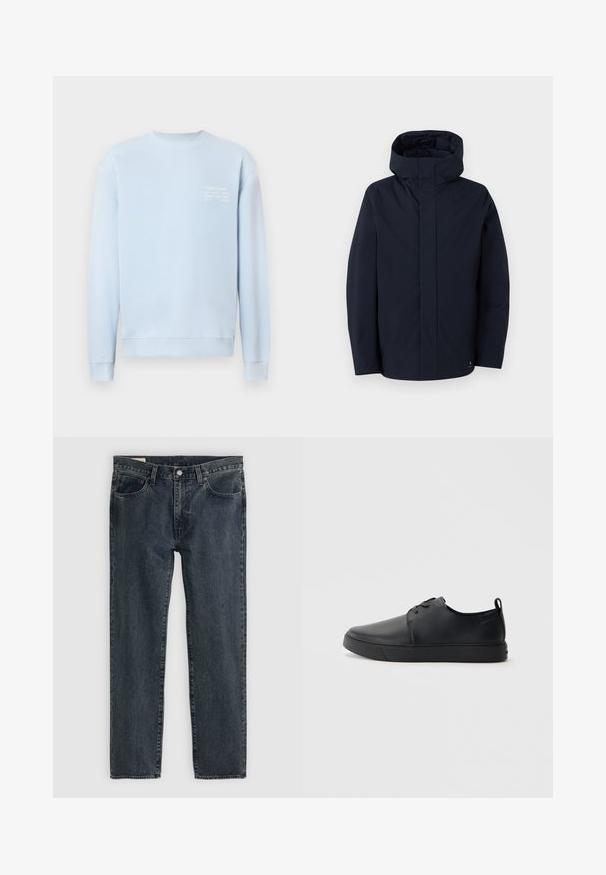 Samsøe Samsøe JOHN JACKET - Ūdensnecaurlaidīga jaka - salute; Gaiši zila džemperis ar apaļu kakla izgriezumu, ribotiem aprocēm un apakšu. Krūšu daļā balts teksts, kas norāda zīmola un adreses datus.; Tumši zili džinsi ar taisnu kāju dizainu, pieci kabatas un pogu aizdare. Audums rāda vieglu izbalēšanu un faktūru.; Melnas ādas kedas ar gludu apdari, noapaļota purngala, tonāla šuvēm, auklu fronti un plakanu gumijas zoli. Cilpa pie papēža.