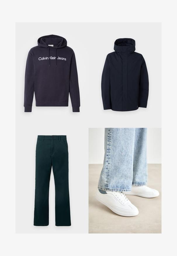 Samsøe Samsøe JOHN JACKET - Regnjakke - salute; Marineblå hettegenser laget av bomullsblanding, med frontlomme i kengurustil, snøring på hetten, og hvit tekst: "Calvin Klein Jeans."; Mørkegrønne bukser med rett ben, beltehemper, sidelommer og knappelukking på en enkel hvit bakgrunn.; Hvite sneakers med glatt materiale, snøring, teksturert gummisåle, og en teal akcent ved hælen, kombinert med lyseblå jeans.