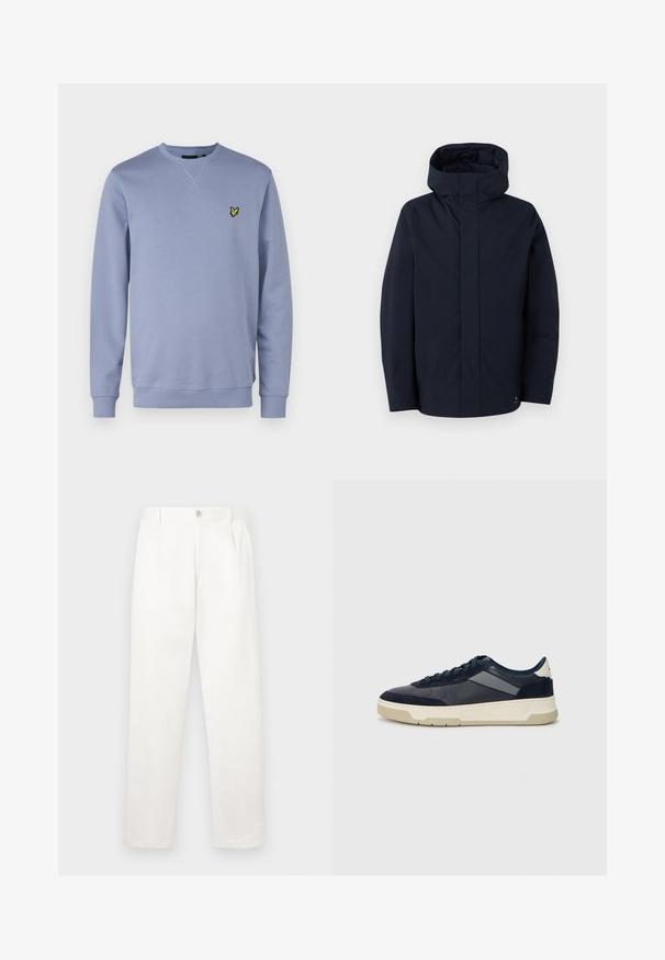 Samsøe Samsøe JOHN JACKET - Vodotesná bunda - salute; Lyle & Scott Mikina - crafted blue; Biele nohavice vyrobené z hladkej tkaniny, s rovnými nohavicami, prednými záhybmi a jedným gombíkom na zapínanie v páse.; BOSS BALTIMORE - Tenisky - open blue