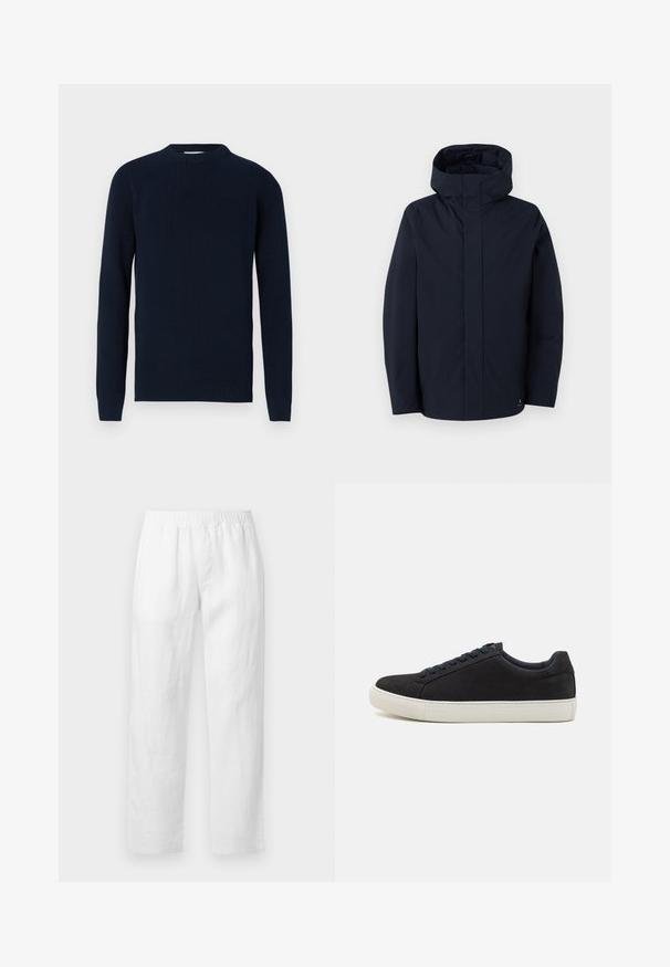 Samsøe Samsøe JOHN granatowy; DRYKORN - Sweter; Białe lniane spodnie z elastycznym pasem, prostym krojem nogawki i miękką fakturą, bez widocznych wzorów czy elementów metalowych.; Czarne zamszowe sneakersy z zaokrąglonym noskiem, białą gumową podeszwą, kontrastującymi niebieskimi sznurówkami i gładką teksturą. Minimalistyczny design bez widocznego logo.