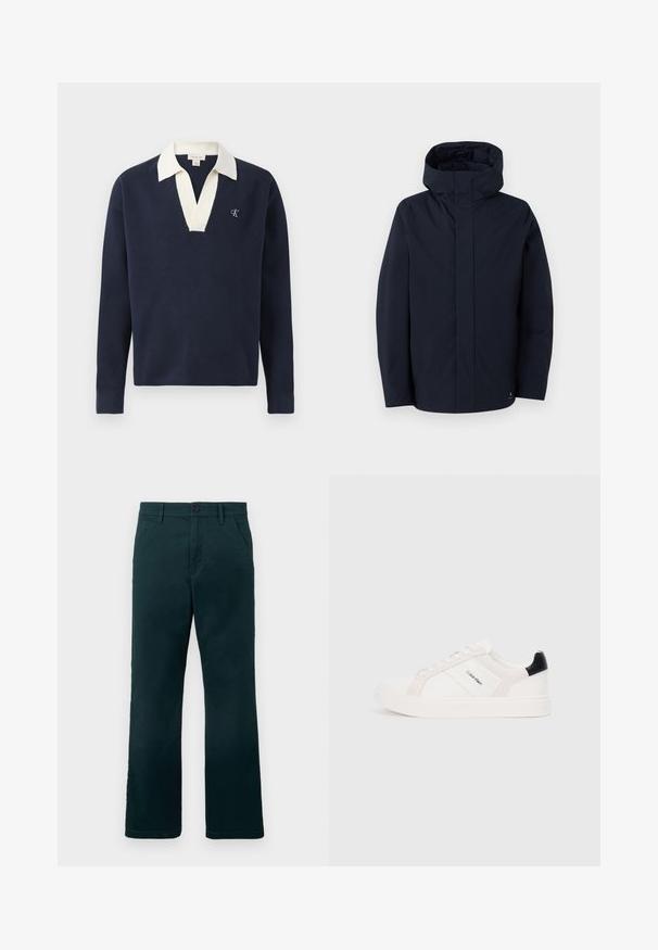 Samsøe Samsøe JOHN JACKET - Vodoodporna jakna - salute; Temno modra polo majica z dolgimi rokavi, belim ovratnikom in V-izrezom. Vsebuje vezeno logo na prsih. Narejena iz teksturirane tkanine.; Temnozeleni hlače ravnega kroja z zankami za pas, stranskimi žepi in gumbom za zapiranje na enobarvni beli podlagi.; Beli športni čevlji z svetlo roza in črnimi detajli, ki imajo gladke usnjene in semiš panele, okroglo konico in plitki gumijasti podplat.