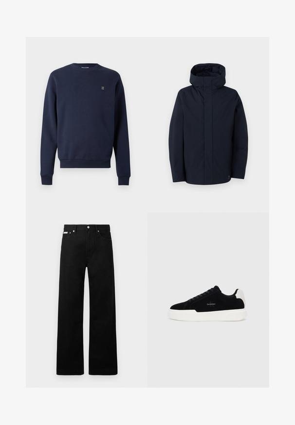 Samsøe Samsøe JOHN granatowy; Granatowa bluza wykonana z mieszanki bawełny, z okrągłym dekoltem, ściągaczami na rękawach oraz małym haftowanym logo "II" na piersi.; Czarne dżinsowe spodnie o szerokim kroju, z pięcioma kieszeniami i metalowymi guzikami. Gładka tekstura, bez widocznych wzorów.; Czarne niskie sneakersy z białą podeszwą i uchwytem na pięcie, sznurowane z przodu, z logo Calvin Klein po boku.