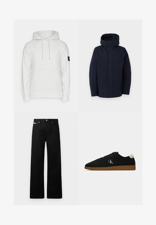 Samsøe Samsøe JOHN JACKET - Vodotesná bunda - salute; Calvin Klein Jeans BADGE HOODIE - Mikina s kapucňou - lunar rock; Čierne džínsy s širokými nohavicami, obsahujúce päť vreciek a kovové zapínanie. Hladká textúra, bez viditeľných vzorov.; Čierne plátené tenisky s gumenou podrážkou, s kovovo strieborným logom "cK" na boku a bielym akcentom na päte. Nízke prevedenie.